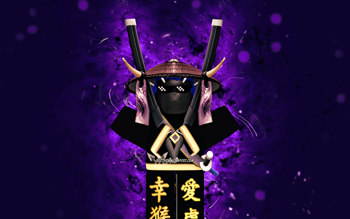 Ninja, 4k, luci al neon viola, Roblox, Eroi di Robloxia, personaggi Roblox, Ninja Roblox