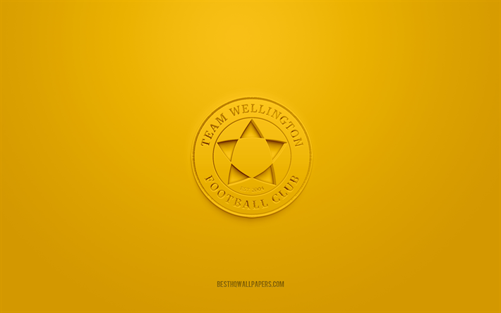 チームウェリントンFC, クリエイティブな3Dロゴ, 黄色の背景, ニュージーランドサッカーチャンピオンシップ, 3Dエンブレム, NZFC, ニュージーランドサッカークラブ, ウェリントン, サッカー, チームウェリントンFC 3Dロゴ
