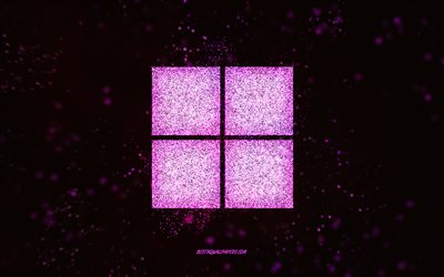 Windows 11 glitter logo, black background, Windows 11 logo, pink glitter art, Windows 11, creative art, Windows 11 pink glitter logo, Windows logo, Windows