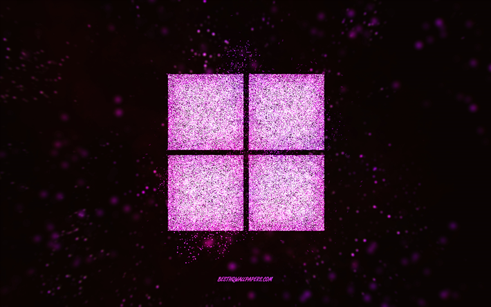Logo glitter di Windows 11, sfondo nero, logo Windows 11, arte glitter rosa, Windows 11, arte creativa, logo glitter rosa Windows 11, logo Windows, Windows