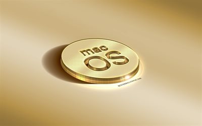 macOS altın logosu, macOS 3D amblemi, altın arka plan, macOS 3D logosu, macOS, altın 3D sanatı, macOS logosu, macOS metal 3D logosu