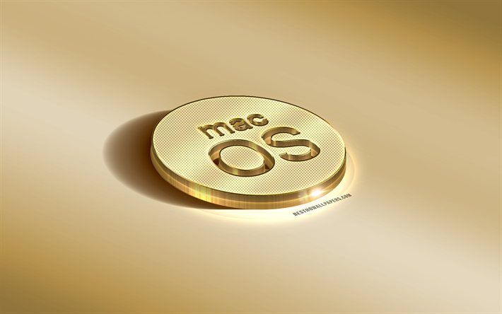 logo macOS oro, emblema macOS 3D, sfondo oro, logo macOS 3D, macOS, arte 3D oro, logo macOS, logo macOS 3D in metallo