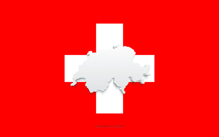 Schweiz kartsiluett, Schweiz flagga, siluett p&#229; flaggan, Schweiz, 3d Schweiz kartsiluett, Schweiz 3d karta
