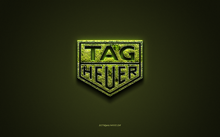 タグ・ホイヤー, 緑の創造的なロゴ, 花のアートのロゴ, タグ・ホイヤーのエンブレム, 緑の炭素繊維の質感, クリエイティブアート