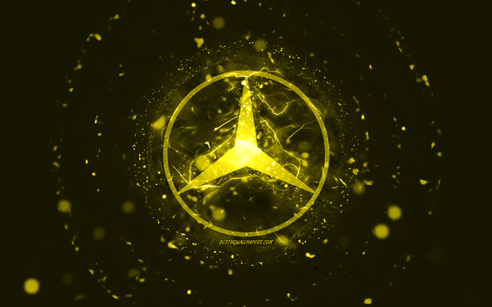 Mercedes-Benz logo giallo, 4k, luci al neon gialle, creativo, giallo sfondo astratto, logo Mercedes-Benz, marche di automobili, Mercedes-Benz