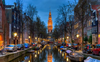 Amsterdã, canal de água, ruas, paisagens noturnas, Holanda, Europa, cidades holandesas