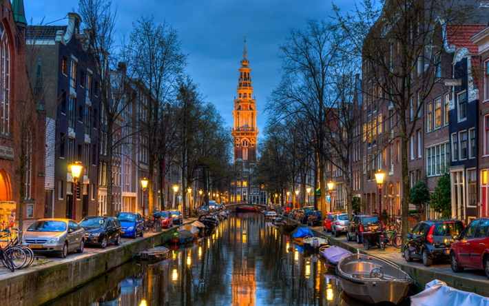 أمستردام, قناة المياه, والطرق, مشاهد ليلية, هولندا, أوروبا, المدن الهولندية