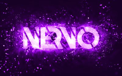 Logotipo violeta Nervo, 4k, DJs australianos, luzes de néon violetas, Olivia Nervo, Miriam Nervo, fundo abstrato violeta, Nick van de Wall, logotipo Nervo, estrelas da música, Nervo
