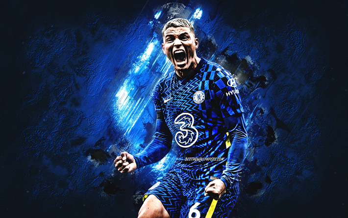 Thiago Silva, Chelsea FC, Brazilian footballer, portrait, blue stone background, football, Premier League, England