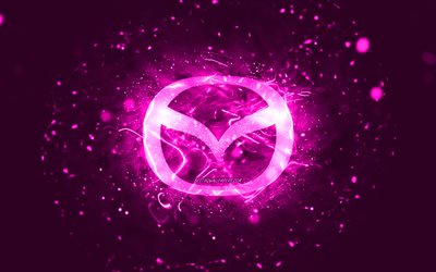 Mazda purple logo, 4k, purple neon lights, creative, purple abstract background, Mazda logo, cars brands, Mazda