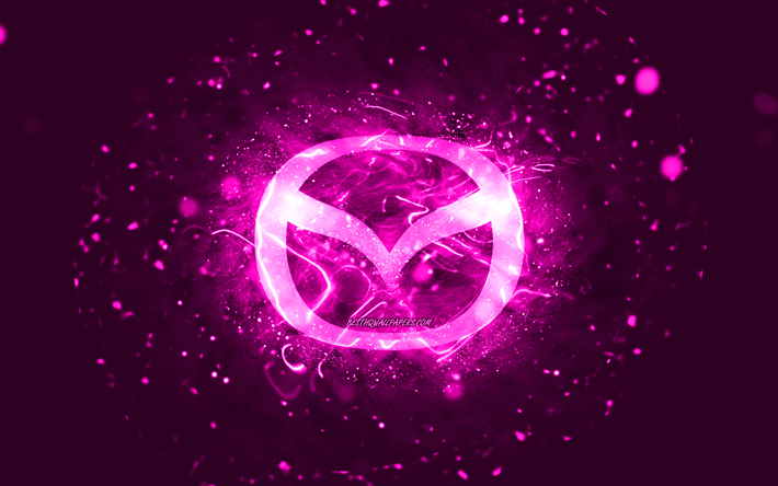 Mazda viola logo, 4k, luci al neon viola, creativo, viola sfondo astratto, logo Mazda, marche di automobili, Mazda