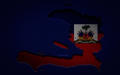 Carte d'Haïti, 4k, pays d'Amérique du Nord, drapeau haïtien, fond bleu carbone, silhouette de carte d'Haïti, drapeau d'Haïti, Amérique du Nord, carte d'Haïti, Haïti