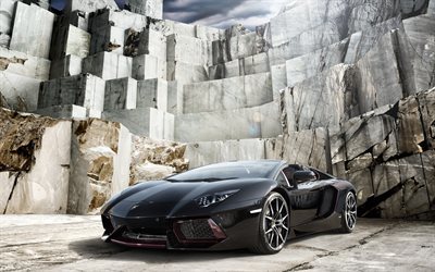 Lamborghini Aventador, supercarro, vista frontal, exterior do Aventador, Aventador roxo preto, supercarros italianos, Lamborghini