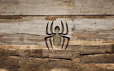Spiderman logo in legno, 4K, sfondi in legno, Spider-Man, supereroi, logo Spiderman, creativo, intaglio del legno, logo Spider-Man, Spiderman