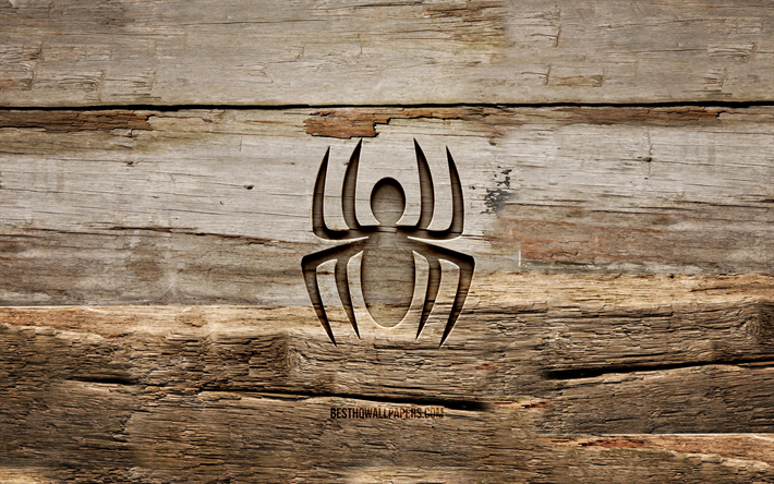 Spiderman puinen logo, 4K, puiset taustat, Spider-Man, supersankarit, Spiderman-logo, luova, puuveisto, Spider-Man-logo, Spiderman