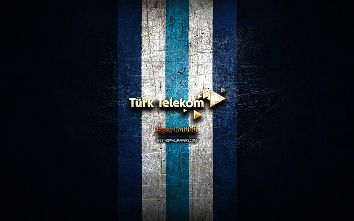 Turk Telekom BK, logotipo dourado, Basketbol Super Ligi, fundo de metal azul, time de basquete turco, logotipo Turk Telekom BK, basquete