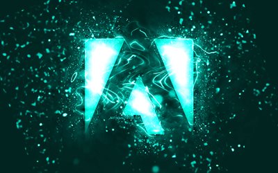 شعار Adobe Turquoise, 4 ك, أضواء النيون الفيروزية, إبْداعِيّ ; مُبْتَدِع ; مُبْتَكِر ; مُبْدِع, خلفية مجردة الفيروز, شعار Adobe, العلامة التجارية, الطين المجفف بالشمس (اللبن)