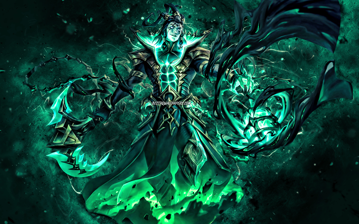 Unbound Thresh, 4k, n&#233;ons turquoise, League of Legends, MOBA, œuvres d&#39;art, Teamfight Tactics, Unbound Thresh Build, LoL, Unbound Thresh League of Legends