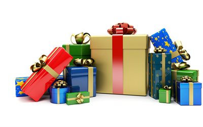 3d hediye kutuları, hediye dağları, Noel hediyeleri, 3d kutular, Mutlu Noeller, Yeni Yılınız Kutlu Olsun, beyaz arka planda hediye kutuları