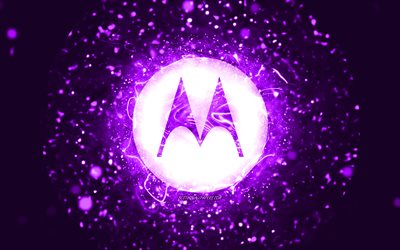 Motorola menekşe logosu, 4k, menekşe neon ışıkları, yaratıcı, menekşe soyut arka plan, Motorola logosu, markalar, Motorola