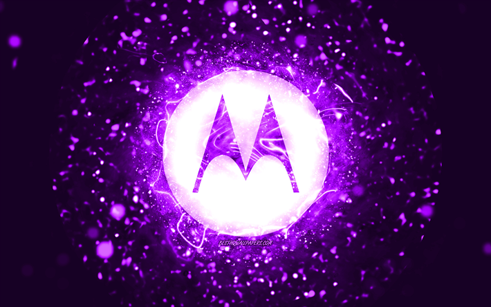 Motorola menekşe logosu, 4k, menekşe neon ışıkları, yaratıcı, menekşe soyut arka plan, Motorola logosu, markalar, Motorola