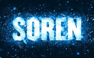 Happy Birthday Soren, 4k, blue neon lights, Soren name, creative, Soren Happy Birthday, Soren Birthday, popular american male names, picture with Soren name, Soren