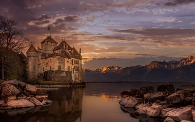 Castello di Chillon, Lago di Ginevra, sera, tramonto, antico castello, Alpi, paesaggio montano, Chillon, Svizzera