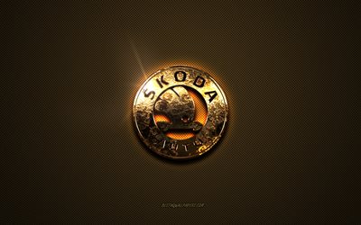 Logo Skoda dorato, grafica, sfondo marrone in metallo, emblema Skoda, logo Skoda, marchi, Skoda