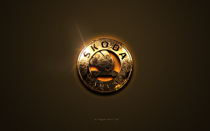 Logo dor&#233; Skoda, oeuvre d&#39;art, fond en m&#233;tal marron, embl&#232;me Skoda, logo Skoda, marques, Skoda
