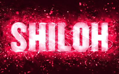 Joyeux anniversaire Shiloh, 4k, n&#233;ons roses, nom de Shiloh, cr&#233;atif, joyeux anniversaire de Shiloh, anniversaire de Shiloh, noms f&#233;minins am&#233;ricains populaires, photo avec le nom de Shiloh, Shiloh