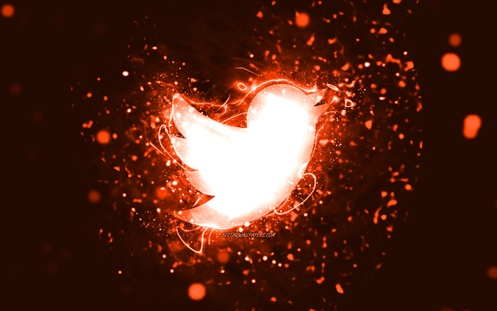 Twitter turuncu logosu, 4k, turuncu neon ışıkları, yaratıcı, turuncu soyut arka plan, Twitter logosu, sosyal ağ, Twitter