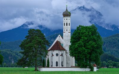 St Coloman Church, kyrka i bergen, Schwangau, Alperna, Sankt Coloman, bergslandskap, Bayern, Tyskland