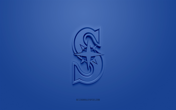 شعار سياتل مارينرز, شعار 3D الإبداعية, الخلفية الزرقاء, نادي البيسبول الأمريكي, دوري البيسبول الرئيسي, دوري محترفي البيسبول في الولايات المتحدة وكندا, سياتل، واشنطن, الولايات المتحدة الأمريكية, سياتل مارينرز, بيسبول, شارة سياتل مارينرز