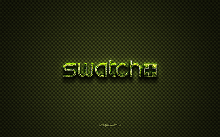 Logo Swatch, logo creativo verde, logo arte floreale, emblema Swatch, trama in fibra di carbonio verde, Swatch, arte creativa