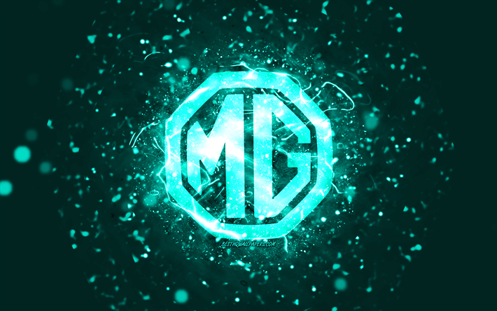 MG turquoise logo, 4k, turquoise neon lights, creative, turquoise abstract background, MG logo, cars brands, MG