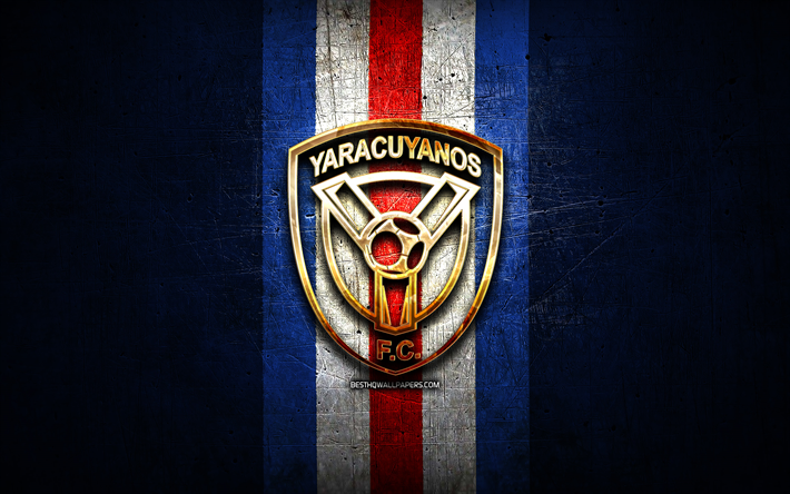 Yaracuyanos FC, golden logo, La Liga FutVe, blue metal background, football, Venezuelan football club, Yaracuyanos FC logo, soccer, Venezuelan Primera Division, FC Yaracuyanos