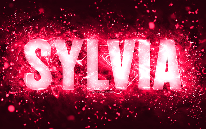 Happy Birthday Sylvia, 4k, pink neon lights, Sylvia name, creative, Sylvia Happy Birthday, Sylvia Birthday, popular american female names, picture with Sylvia name, Sylvia