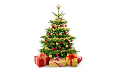 Beyaz bir arka planda Noel ağacı, Yeni Yılınız Kutlu Olsun, Mutlu Noeller, ağacın altında hediyeler, Noel