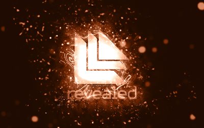 Revealed Recordings ruskea logo, 4k, ruskeat neonvalot, luova, ruskea abstrakti tausta, Revealed Recordings -logo, levy-yhti&#246;t, Revealed Recordings