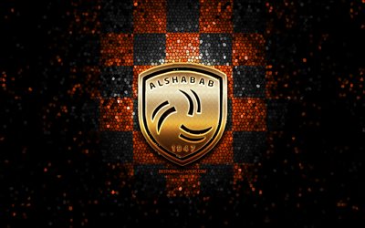Al-Shabab FC, parıltılı logo, Suudi Profesyonel Ligi, turuncu siyah damalı arka plan, futbol, Suudi Futbol Kul&#252;b&#252;, Al Shabab logo, Al-Ettifaq, mozaik sanatı, Al Shabab FC