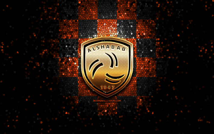 Al-Shabab FC, glitter logo, Saudi Professional League, orange black checkered background, soccer, saudi football club, Al Shabab logo, Al-Ettifaq, mosaic art, football, Al Shabab FC