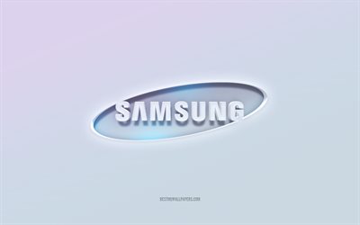 Logo Samsung, texte 3d découpé, fond blanc, logo Samsung 3d, emblème Samsung, Samsung, logo en relief, emblème Samsung 3d