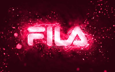 Fila vaaleanpunainen logo, 4k, vaaleanpunaiset neonvalot, luova, vaaleanpunainen abstrakti tausta, Fila logo, tuotemerkit, Fila