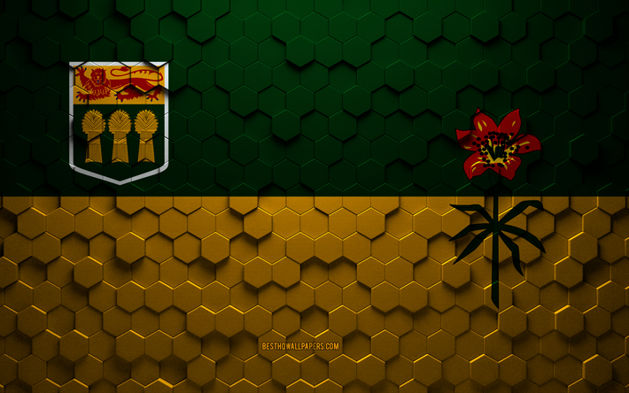 Drapeau de la Saskatchewan, art en nid d&#39;abeille, drapeau des hexagones de la Saskatchewan, Saskatchewan, art des hexagones 3d, drapeau de la Saskatchewan