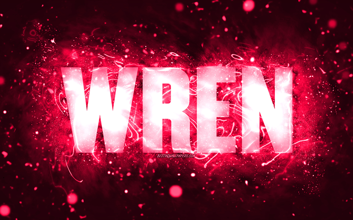 Feliz anivers&#225;rio Wren, 4k, luzes de n&#233;on rosa, nome Wren, criativo, Wren Feliz anivers&#225;rio, Wren Birthday, nomes femininos americanos populares, imagem com o nome Wren, Wren