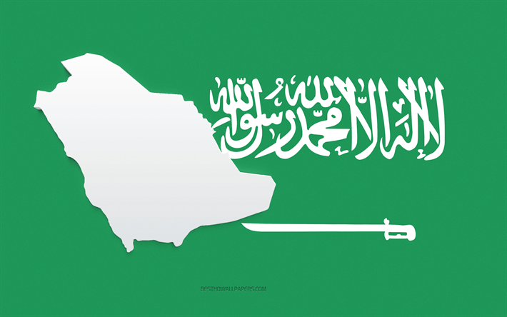 Saudiarabiens kartsiluett, Saudiarabiens flagga, siluett p&#229; flaggan, Saudiarabien, 3d Saudiarabiens kartsiluett, Saudiarabiens 3d karta