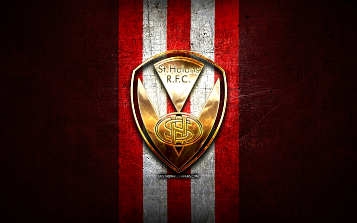 St Helens RFC, golden logo, SLE, red metal background, english rugby club, St Helens RFC logo, rugby, St Helens