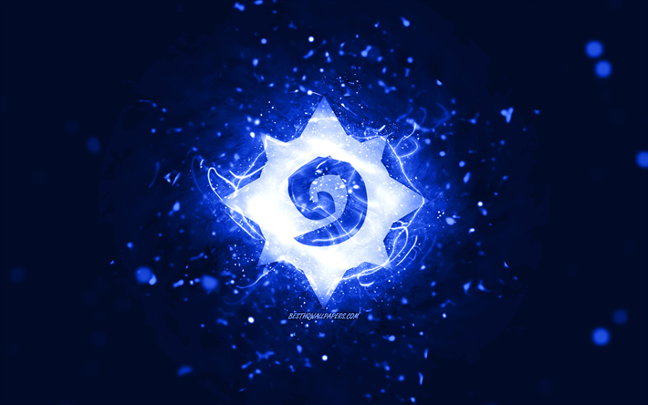 hearthstone dunkelblaues logo, 4k, dunkelblaue neonlichter, kreativ, dunkelblauer abstrakter hintergrund, hearthstone-logo, online-spiele, hearthstone