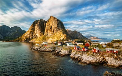 Isole Lofoten, mare, montagna, villaggio, rocce, Norvegia, Europa