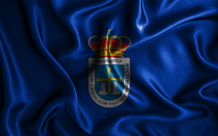 Oviedon lippu, 4k, silkki aaltoilevat liput, Espanjan kaupungit, Oviedon p&#228;iv&#228;, kangasliput, 3D-taide, Oviedo, Oviedo 3D lippu